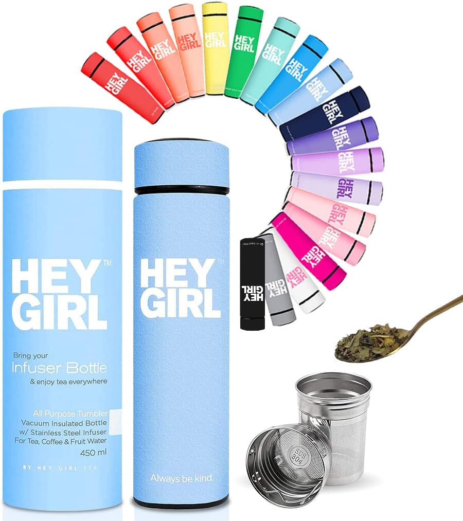 Hey Girl TeaInfuser Bottle 450ml - Insulated Stainless Steel Water Bottle - Tea Tumbler with Tea Diffuser - Portable Travel Mug for Loose Leaf Tea & Infused Water - Tea Lovers Gifts for Women
