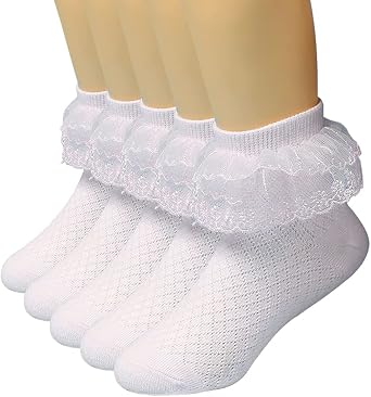 5 Pairs Toddler Baby Girls Ruffle Lace Socks Eyelet Mesh Cotton Frilly Ankle Soft Dress Kids Princess Socks 2-13T