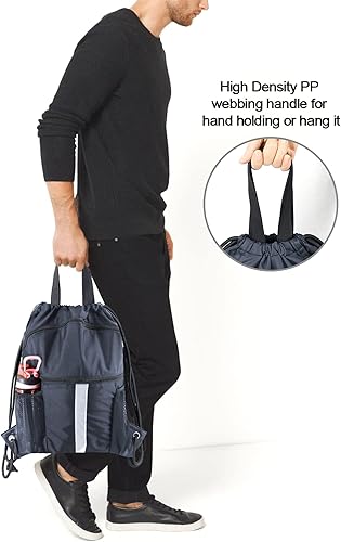 Miniatura 6 de BeeGreen Mochila con cordón y compartimento para zapatos, mochila negra grande para gimnasio y deportes