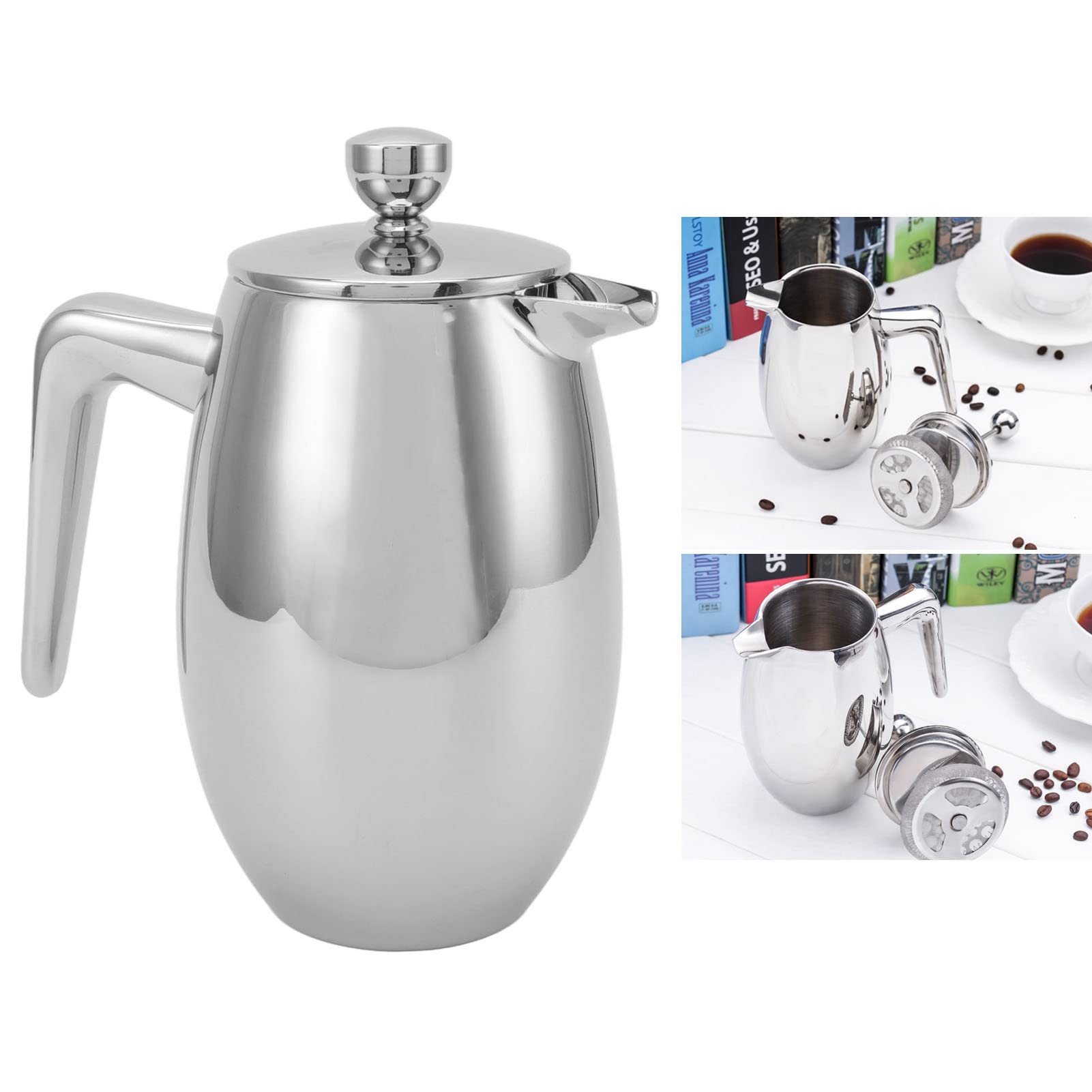Eujgoov Dzbanek z Filtrem do Kawy French Press, Stal Nierdzewna 304, Dwuwarstwowa, Usta w Kształcie Litery U, Czajniczek do Ręcznego Parzenia Użytku Domowego (800ml)
