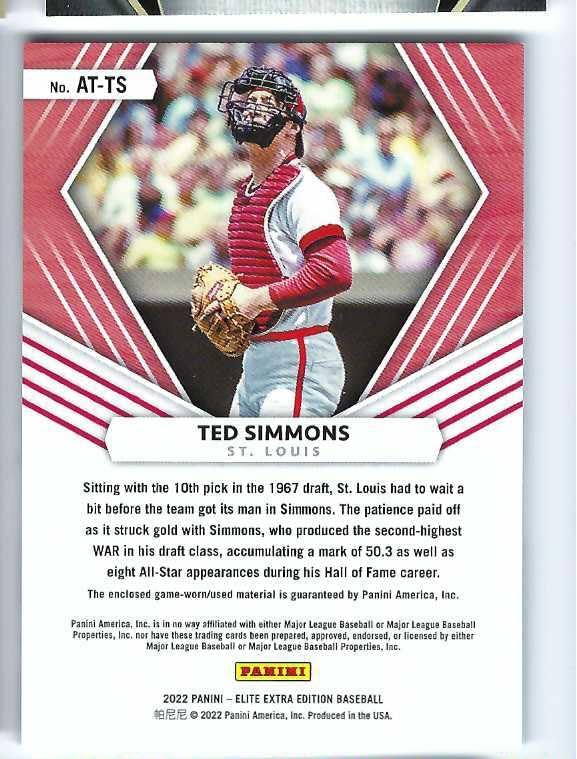 Miniatura 2 de TED SIMMONS 2022 Panini Elite Extra Edition All-Time First Round Materials Game Used Mem Bat St. Louis Cardinals Baseball Card