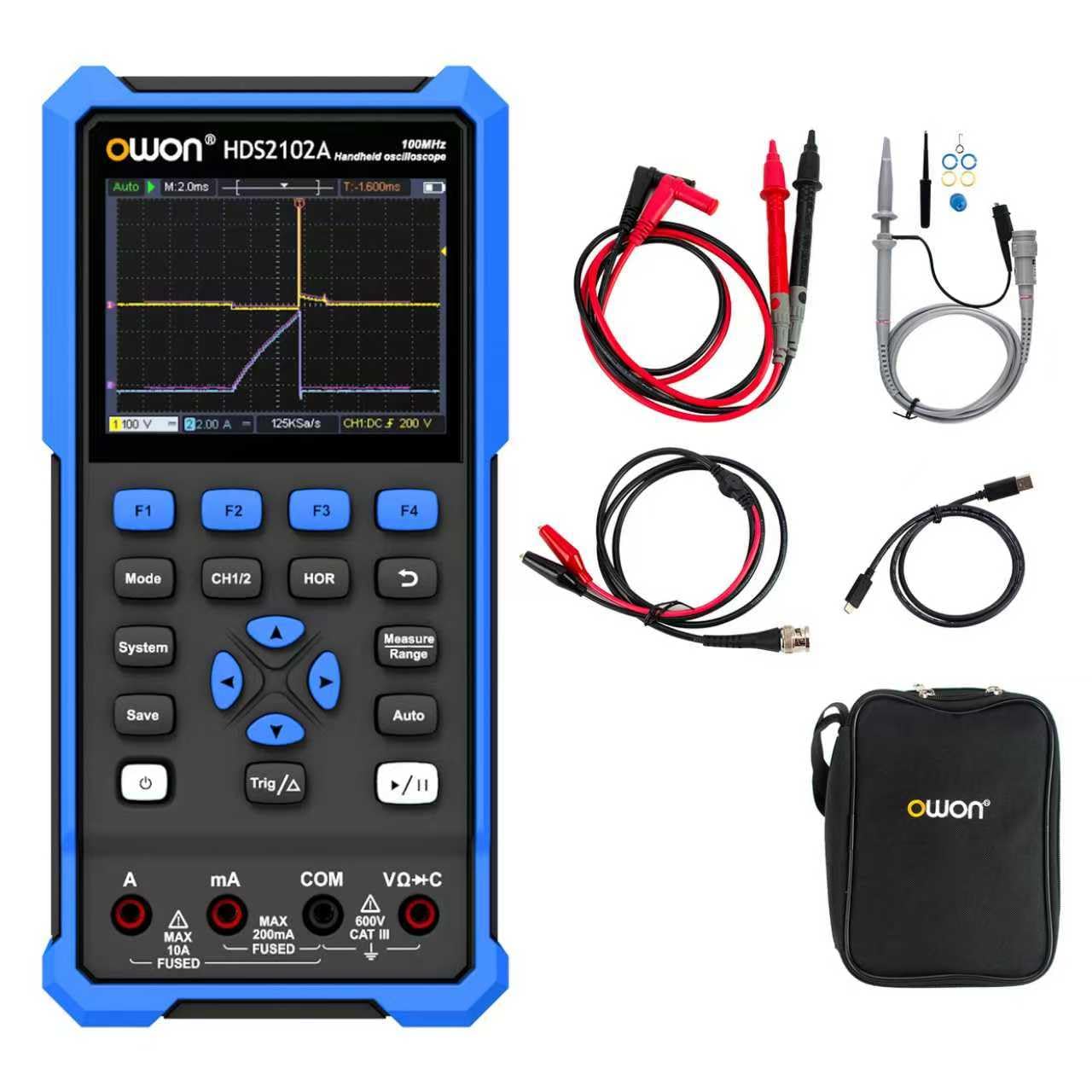 OWON HDS2102A Kfz Diagnose Oszilloskop mit hochauflösendem 3,5 Zoll Display, 100MHz Bandbreite, 2 Kanälen, 500 MSa/s, 3 in 1 Multimeter und Kfz Fehlerdiagnosegerät mit Typ C-Anschluss (Standard)