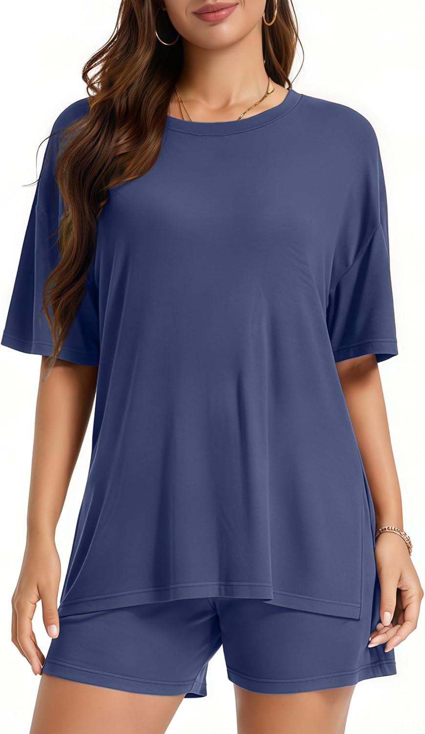 LOCUBE Women's Short Set Casual Matching Loose Side-Slit Short Sleeves with Drawstring Waist and Pockets
