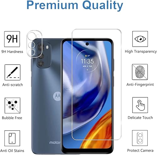 Miniatura 2 de 3+3 Paquete de 3 protectores de pantalla de vidrio templado para Motorola Moto E32s con 3 protectores de lente de cámara, transparente HD, dureza