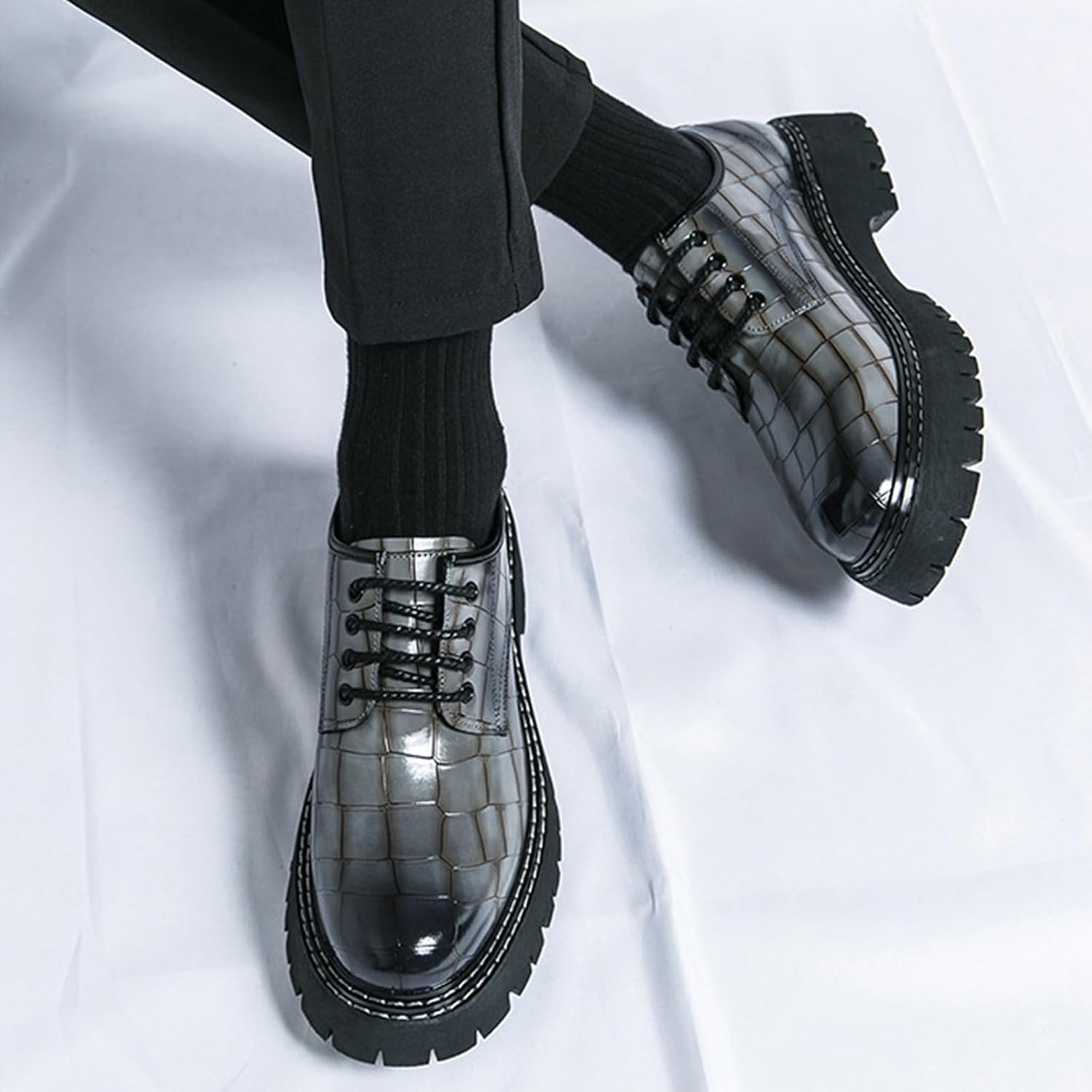 Men's Print Lace Up Platform Increase Oxfords,Fashion PU Leather Lug Sole Loafers Classic Round Toe Comfort Slip On Dress Shoes