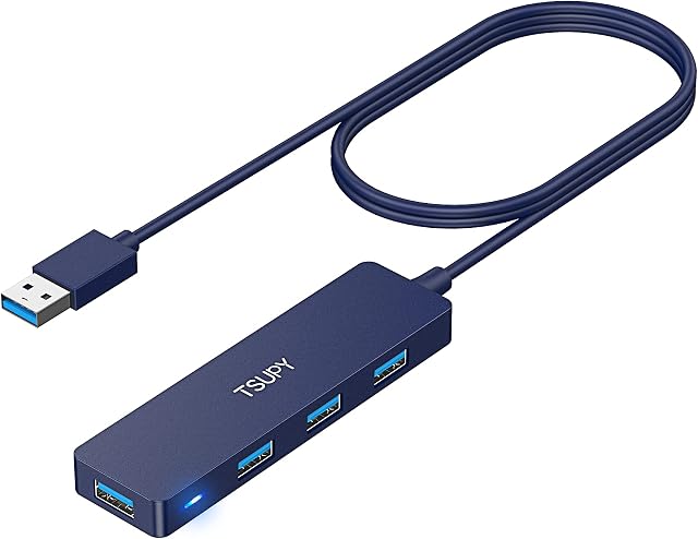 USB Hub, TSUPY USB Hub 3.0 with 3.2ft Cable Blue, USB Splitter USB Extension 4 USB 3.0 5 Gbps USB Adapter USB 3.0 Hub for Laptop USB Stick USB Cable USB Switch etc.