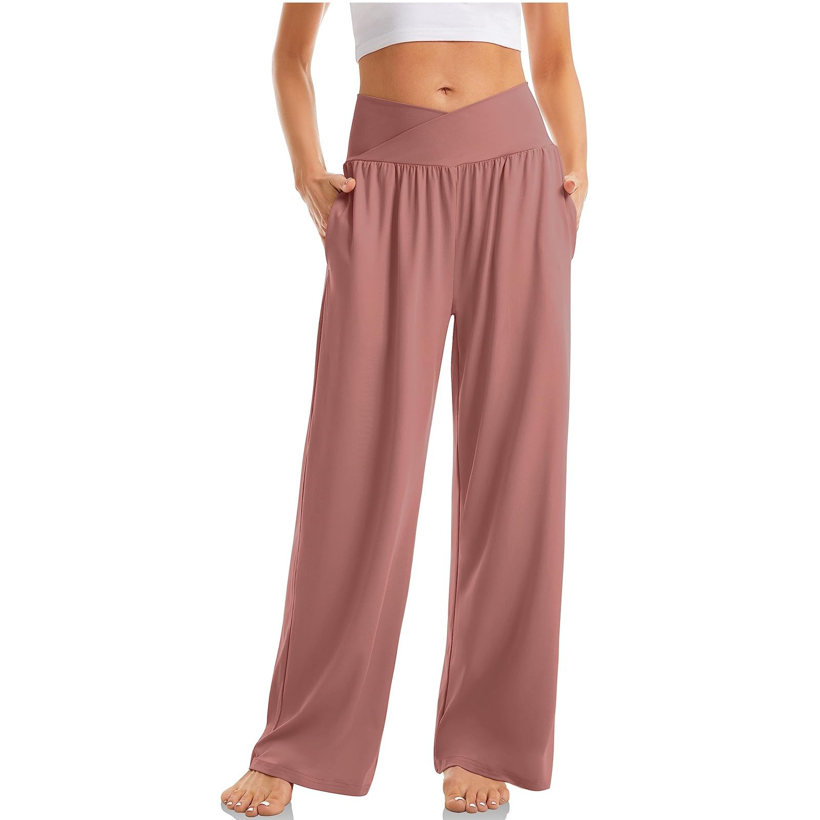 Pink Casual Wide Leg Yoga Pants for Women with Pockets Comfy Trouser Style Lounge Pants Crossover Waist Baggy Sweatpants Soft Lounge Pants Women Plus Size Lounge Sets for Women 3X Lightweight Pants