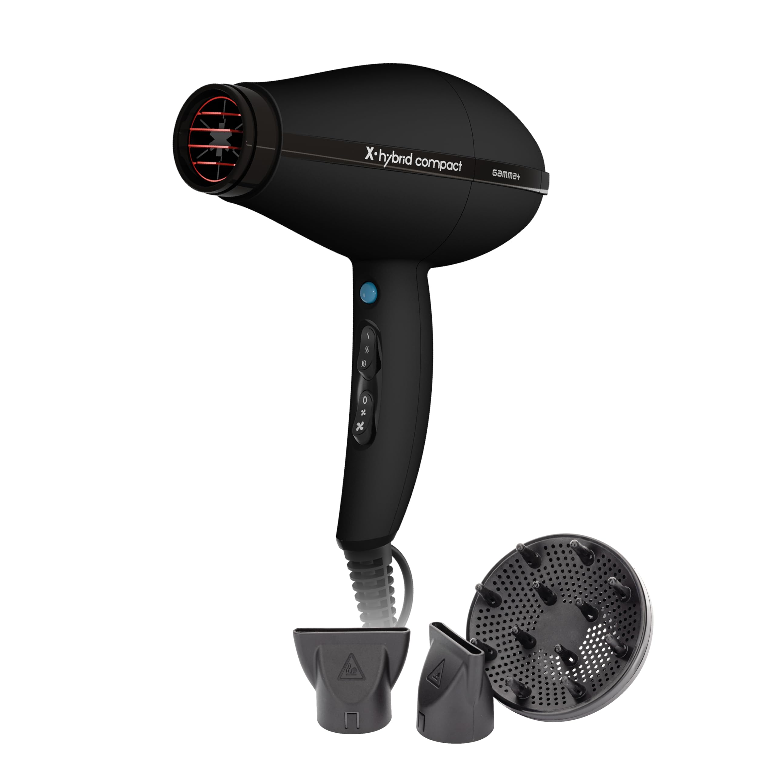 GAMMA+ Professioneller Haartrockner X-Hybrid Compact, Leichter & Kompakter Föhn mit Ionen-Technologie, Turmalinbeschichtetes Gitter, 1800–2100W (Schwarz)
