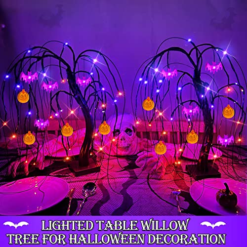 [Orange & Purple Lights] 2Pack 24" Halloween Black Tree Decor With Timer, Total 64 Led Diy 8 Pumpkins & 8 Bats Battery Operated Tabletop Artificial Spooky Willow Tree Halloween Decorations For Home #TOP4