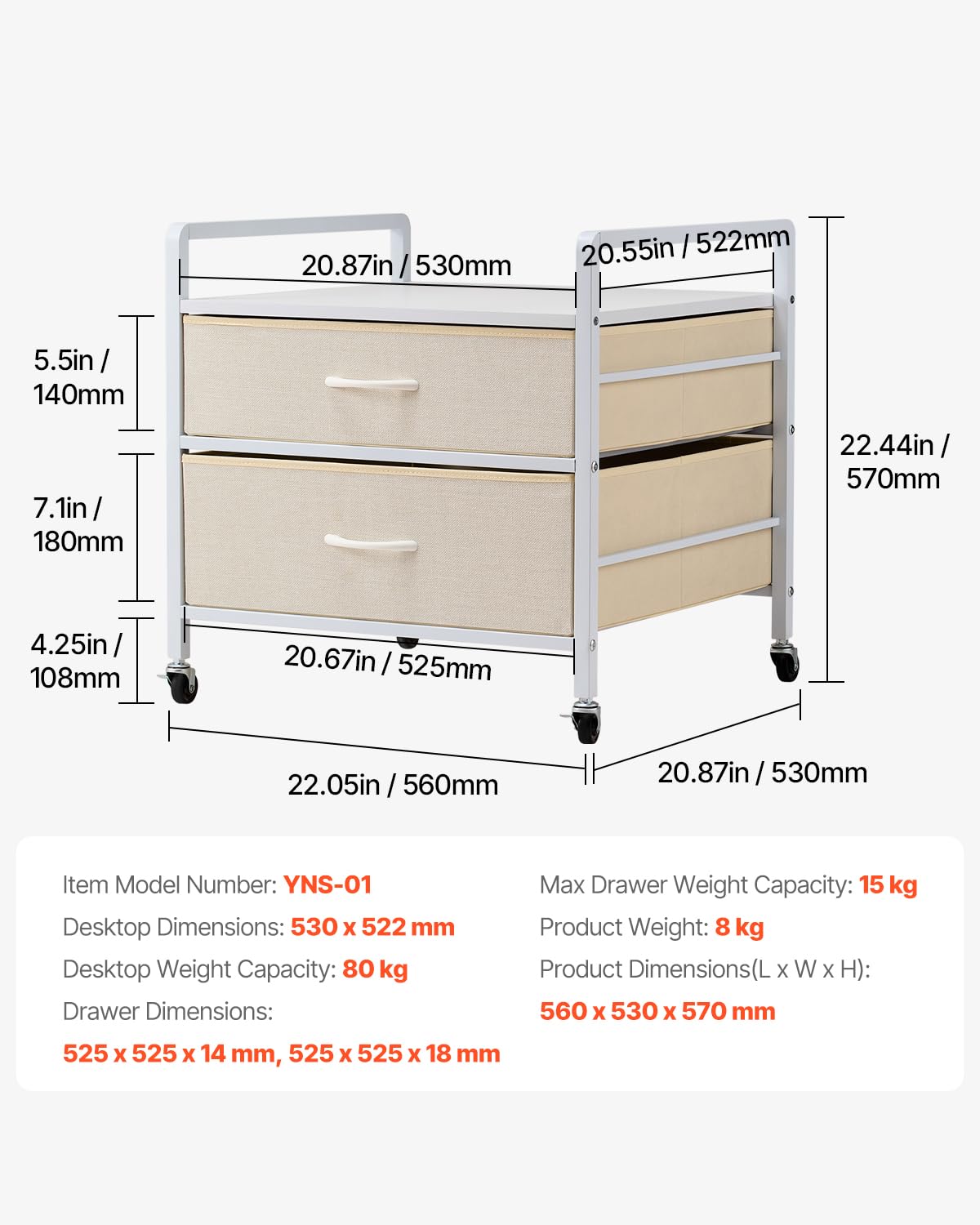 VEVOR Soporte para Mininevera con Almacenamiento, con Capacidad de 80 kg, 2 Cajones, 4 Ruedas Giratorias, Blanco, para Mininevera, para Dormitorio, Apartamento, Oficina, Dormitorio, 560 x 530 x 570 mm