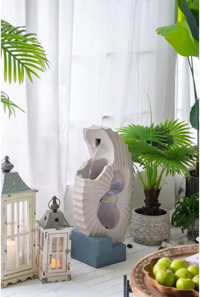 Sculptural Indoor Outdoor Water Fountain with Bowl Basin, (White+Blue + Polyresin + Art Deco + Coastal + Contemporary + Nautical + Ultra-Modern)