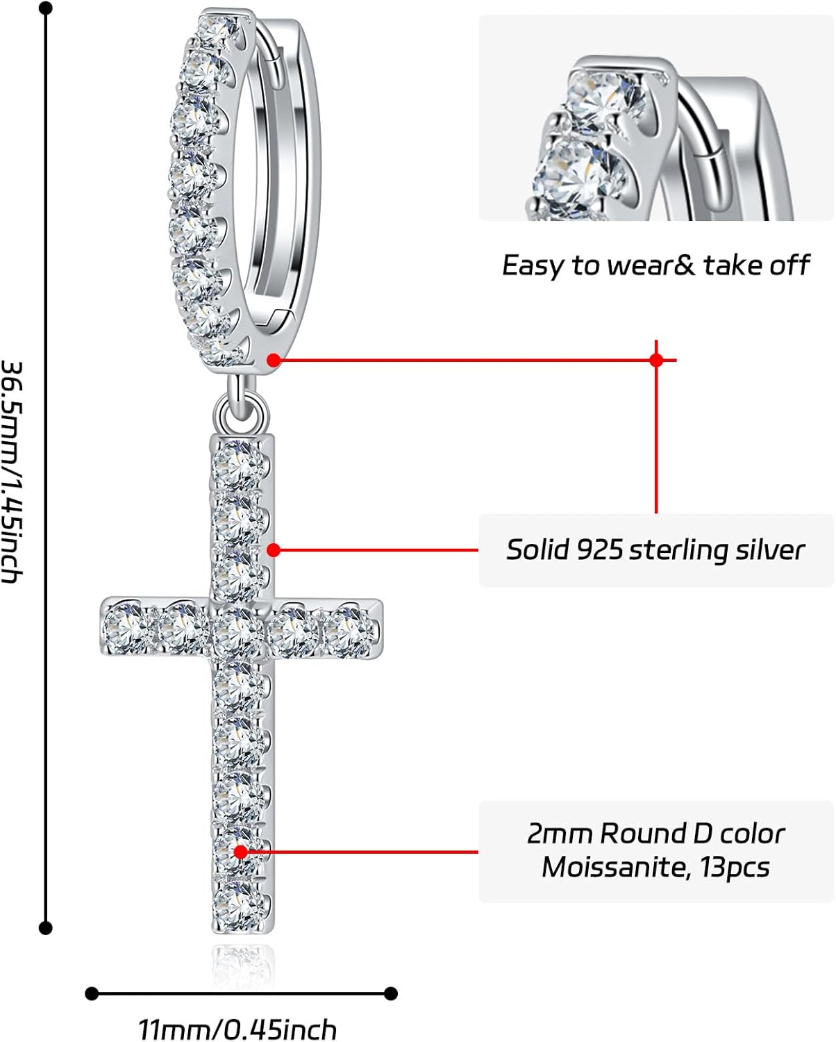 Moissanite Sterling Silver Cross Earrings for Women Huggie Drop Hypoallergenic Lightweight Earring Set - Image 3