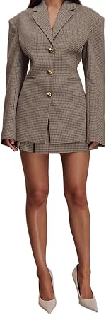 Womens Two Pieces Suit Houndstooth Single Breasted Tuxedos Jacket Skirt for Wedding Formal