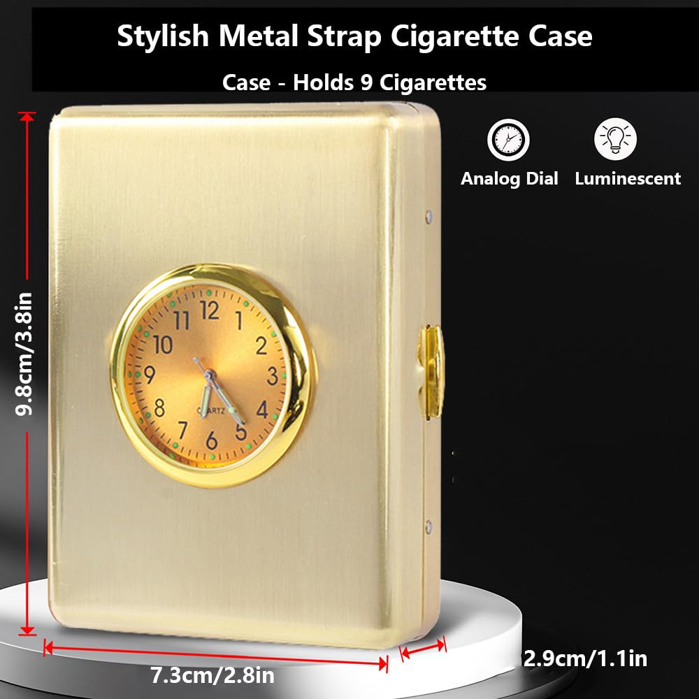 Clock Metal Cigarette Case, Can Hold 9 Regular Thick Cigarettes, with Clock and Makeup Mirror, Unisex, Side Spring Clip, Open Pocket Clip, Anti-Crushing, Small and Portable, for Smokers,A