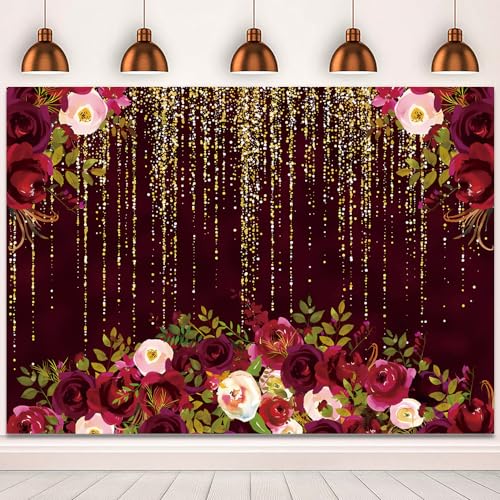 8x6ft Burgundy Red Flowers Wedding Backdrop for Photography Gold Dots