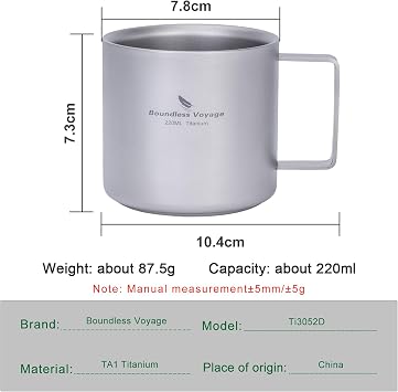 iBasingo 220ml Titanium Coffee Cup Double Wall Mini Mug for Espresso, Tea Camping & Travel Durable Lightweight Portable Drinkware Ti3052D (Gray)