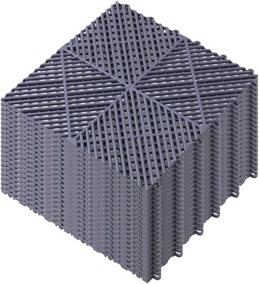 interlocking drainage floor tiles for garage, 20 pcs 15.7 x 15.7 inch covering 34 sq ft, japard plastic mesh deck flooring tiles heavy duty modular outdoor indoor basement parking - gray 20 pack grey 20 pack