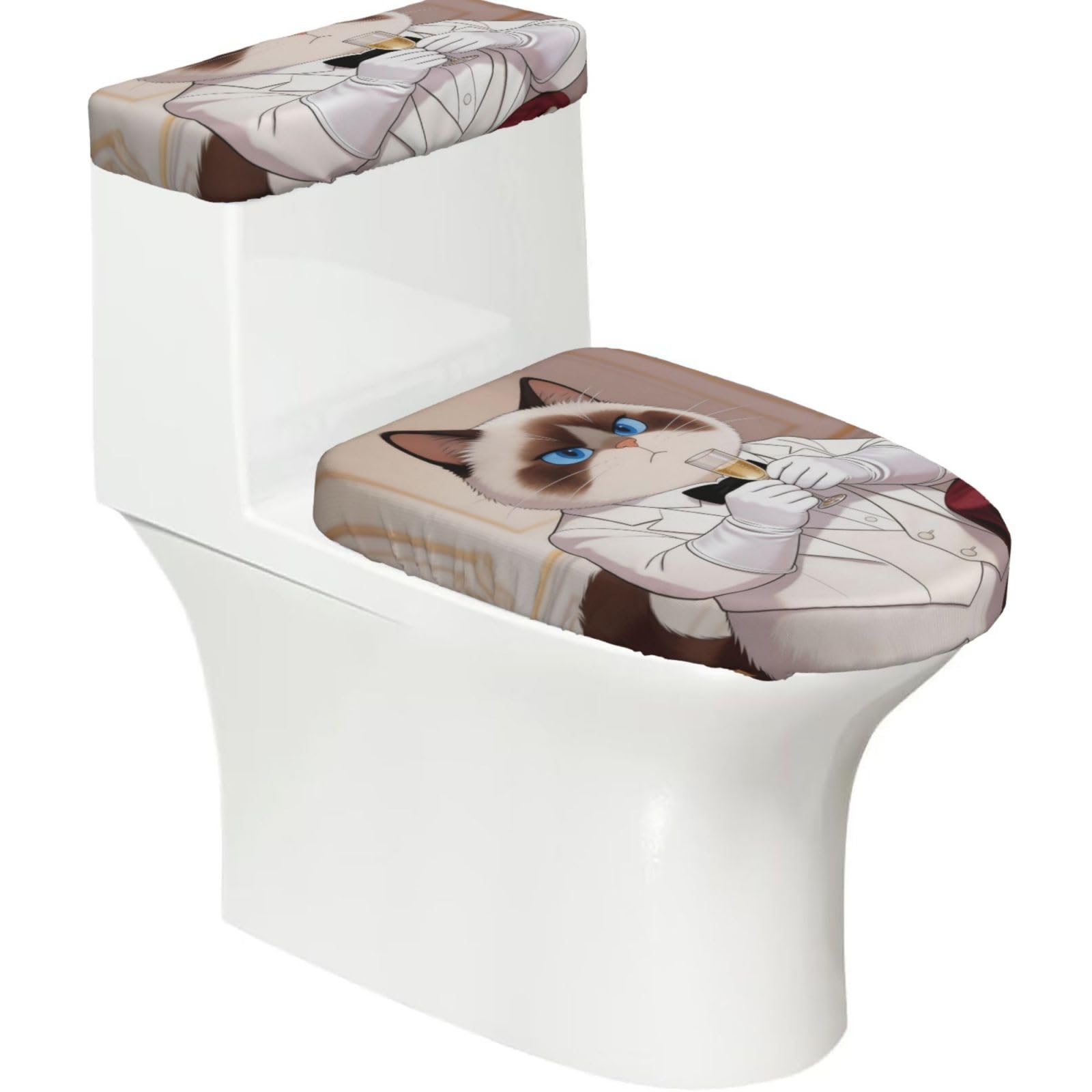 Gentleman Cat Elastic Toilet Cover Set of 2-Stretchy Lid and Tank Covers for Bathroom, Soft Washable U Shape Toilet Decor