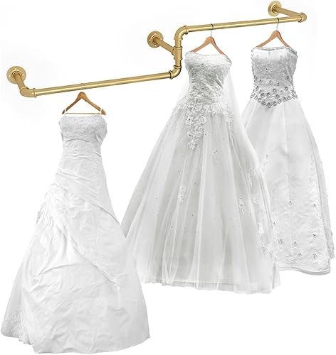 Estante de ropa industrial de 71 pulgadas montado en la pared con sistema de estantes colgantes, estante de ropa dorado para boutique, exhibición al