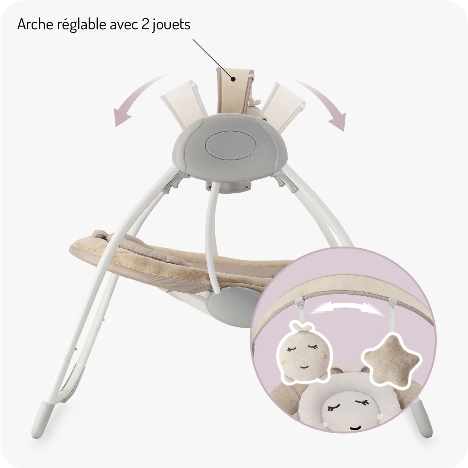 Balancelle MoMi LISS pour bébés jusqu'à 9 kg, pliable, à piles ou secteur avec câble USB, harnais 5 points, arche avec jouets, 6 mélodies, minuterie, 5 vitesses de balancement