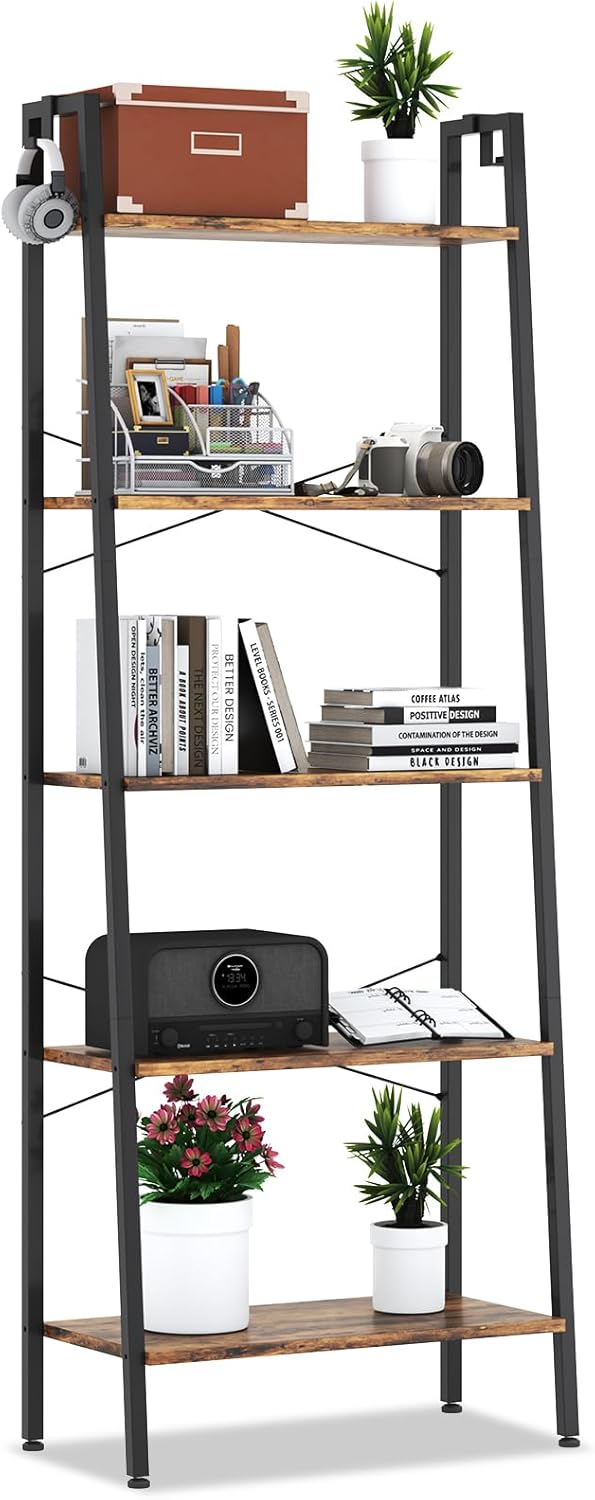 5 Tier Bookshelf,Ladder Shelf, Bookcase with Shelves and 2 Hooks, Storage Rack Organizer, Corner Wood Storage Shelf with Metal Frame (Rustic Brown)