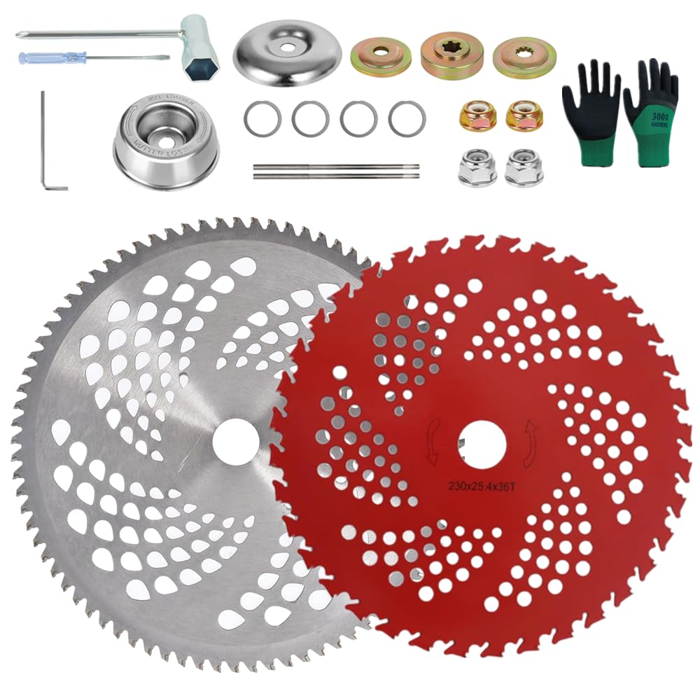 Dunhi Brush Cutter Blade Kit– 9" 36 Teeth + 10 inch 80T 2 Pack Metal Brush Cutter Blades Saw Chain Weed Eater Trimmer with 2 Set Adapter Kits and 2 Round Files for stihl
