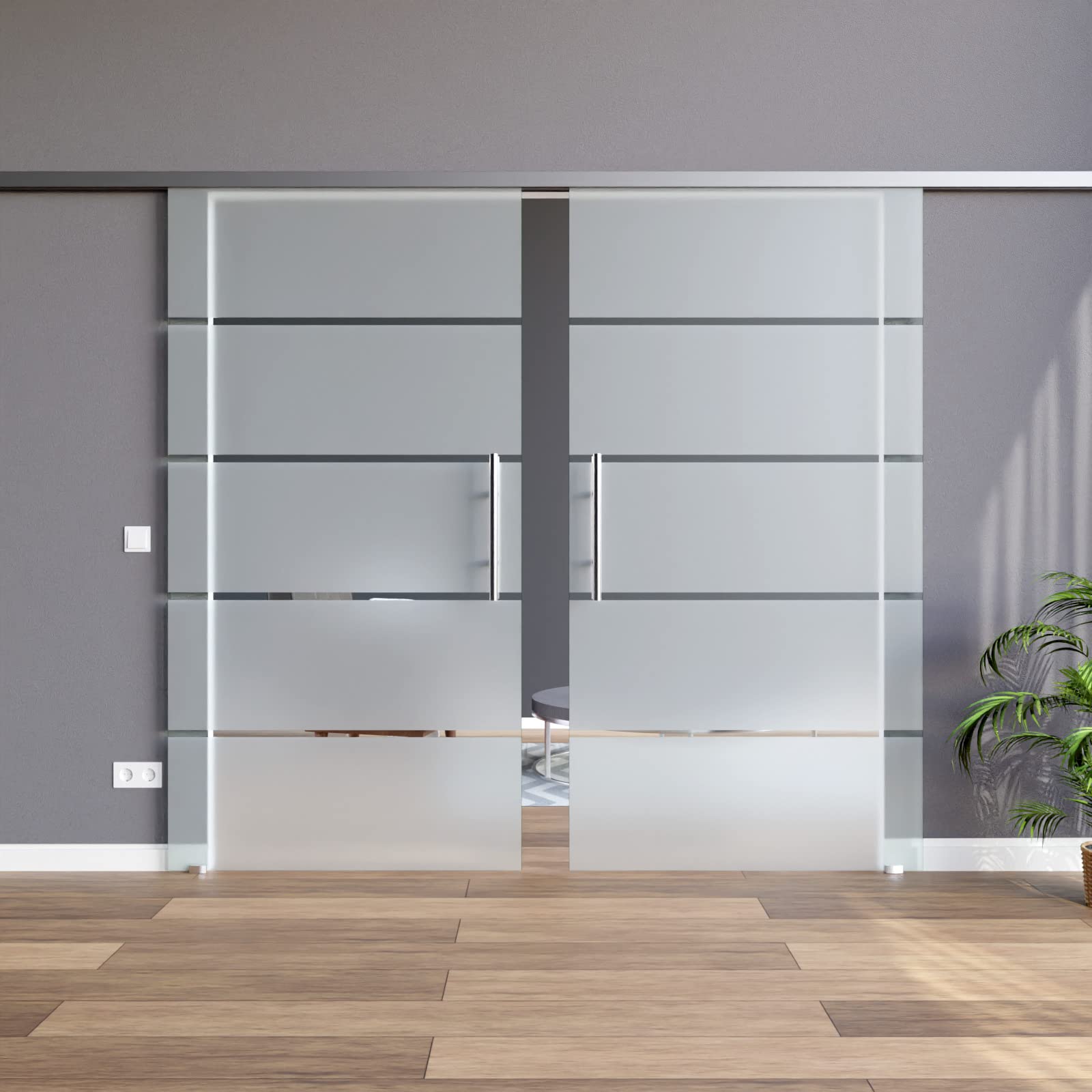 BP1-775-2-420-AS-DPL: Schiebetürsystem doppelflügelig ESG 2x775x2175x8mm Dekor P1, Siebdruck; Schienensystem ALU SlimLine SoftStop; Griffstange rund 420