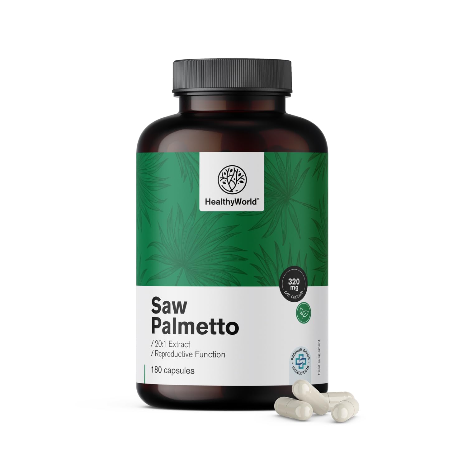 HealthyWorld Saw Palmetto – Sägepalme mit Zinkzusatz – 20:1 Extrakt – 180 pflanzliche Kapseln – Unterstützung für die Prostata – XXL-Packung – Für 6 Monate