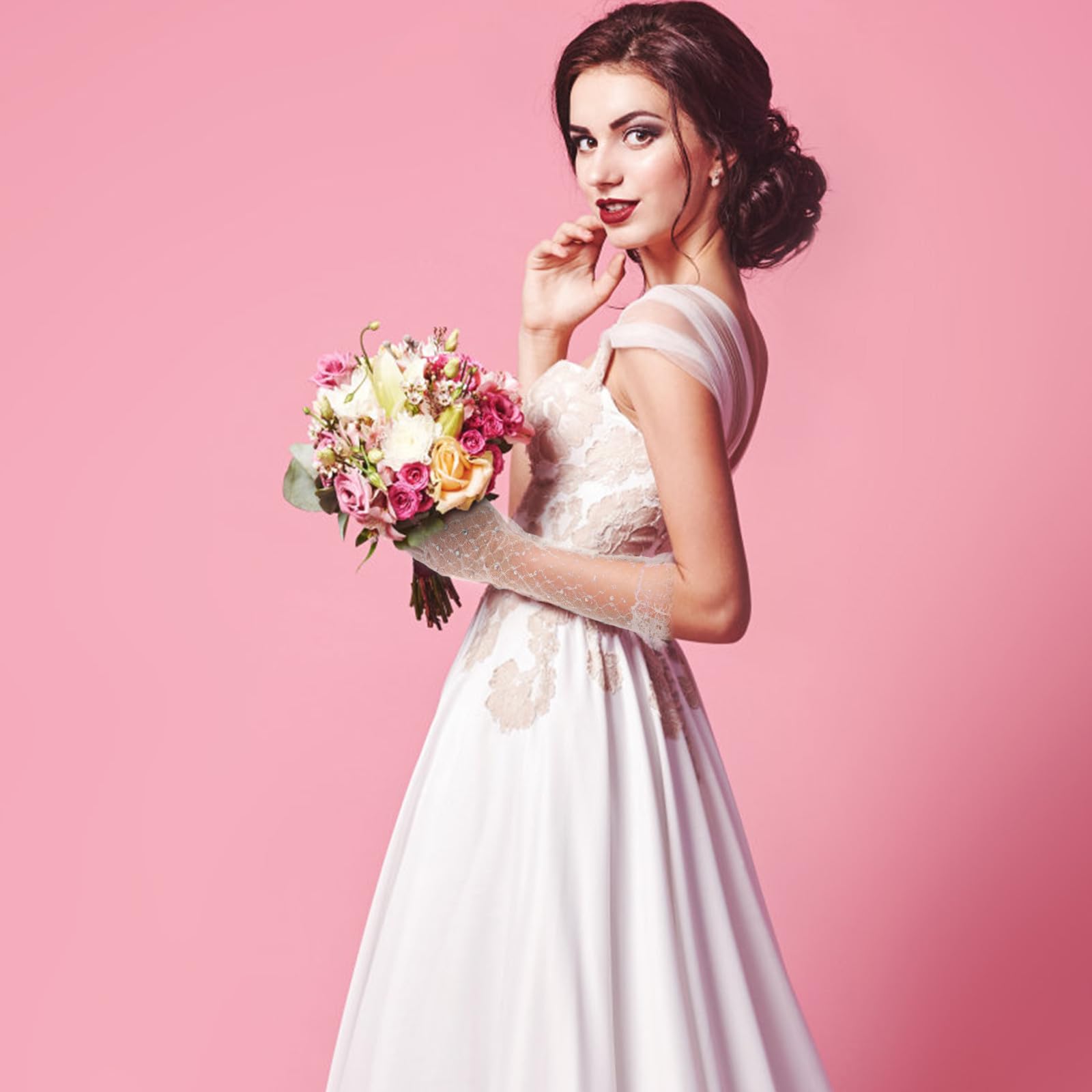 Abaodam 3 Pares Guantes Largos de Encaje Blanco Brillantina y Tul, Diseño Elegante Ribete Blanco, Ligeros y Versátiles para Bodas y Ocasiones Obsequios