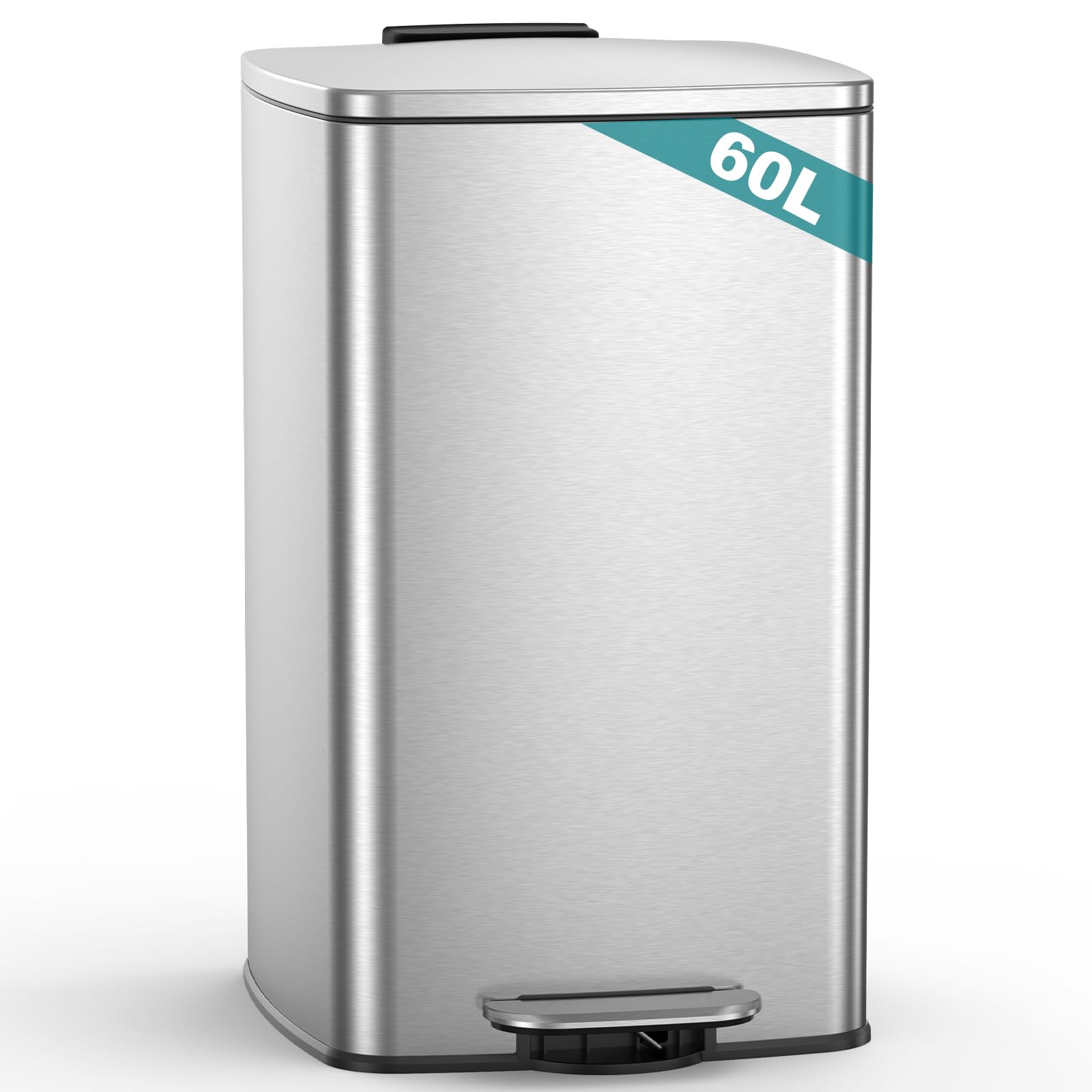 lovewind 60L Kitchen Bin, Stainless Steel Pedal Bin with Soft Close Lid, Large Rubbish Bin with Removable Inner Bucket, Fingerprint Resistant Kitchen Bin for Home & Office,Silver