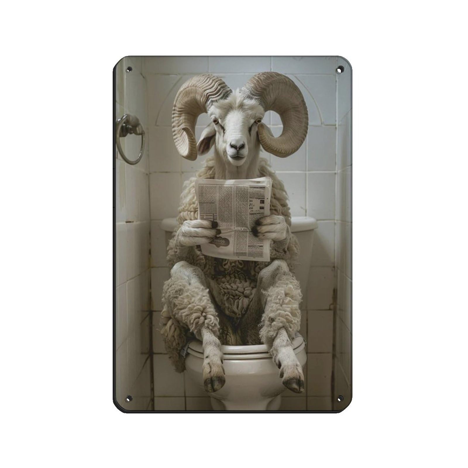 Ram Sitting on The Toilet Reading A Newspaper (6) Retro Poster Metal Tin Sign Chic Art Retro Iron Painting Bar People Cave Cafe Family Garage Poster Wall Decoration 8x12inch(20x30cm)