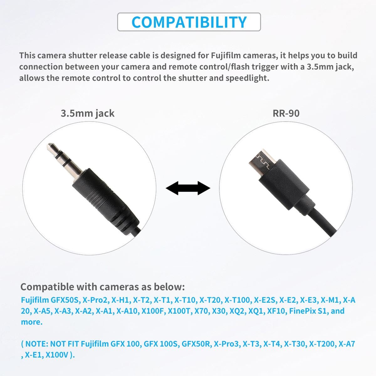 3.5mm to RR-90 Camera Shutter Release Cable Remote Control Cord Speedlight Flash Trigger Connect Spring Coiled Wire Cord for Fujifilm GFX50S X-Pro2 X-H1 X-T2 X-T1 X-T10 X-T20 X-T100