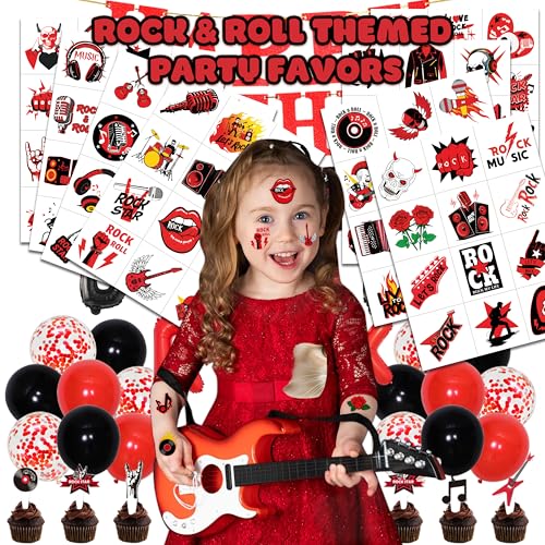 Image of 96 PCS Born to Rock and Roll Pre-Cut Temporary Tattoos for Kids | | Super Cute Themed Birthday Party Favors, Supplies, Decorations, Music Fake Tattoo Stickers Rewards & Gifts For Boys & Girls