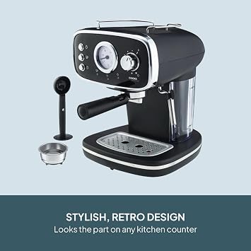 Cooks Professional 15-Bar Retro Espresso Coffee Machine with Frothing Steam Wand, Built-In Temperature Gauge, 1.2L Water Tank & Stainless Steel Drip Tray | Black