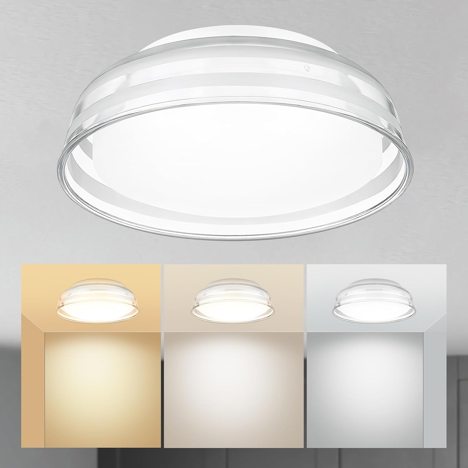 zeyu 12W LED Ceiling Lights, 13 Inch Flush Mount Ceiling Lighting for Bedroom Kitchen, Dimmable 3000K/4000K/6000K, White Finish with Striped Clear Glass, ZSL79F-LED WH