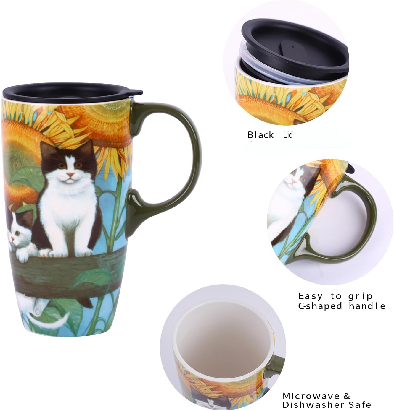 Topadorn Coffee Ceramic Mug 17oz Porcelain Latte Tea Cup With Lid, Perfect for Coffee and Tea, Holiday Gift Her Him, Cat - Image 6