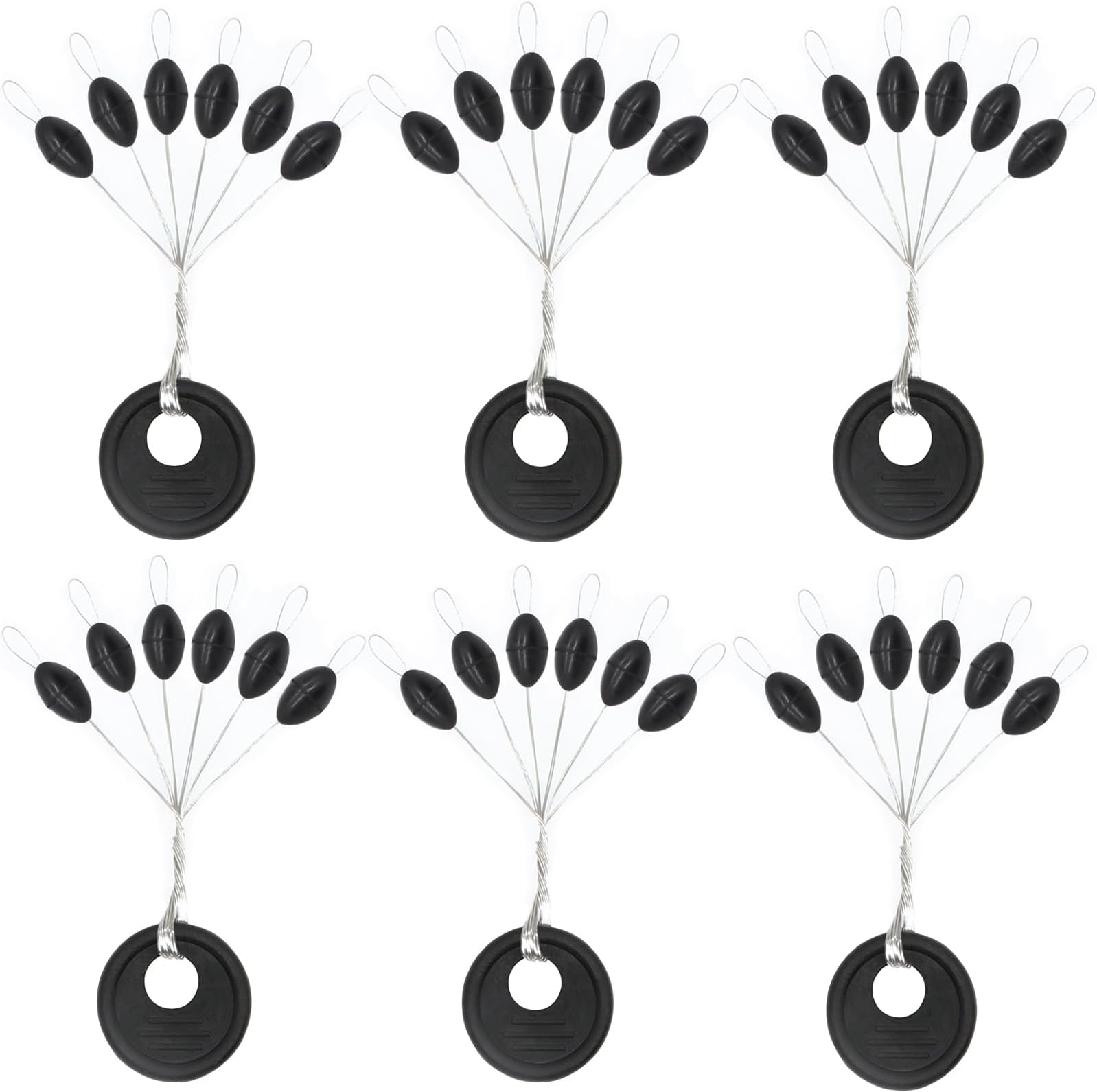 720pcs Bobber Stops, 6 in 1 Rubber Bobber Stoppers for Fishing Line, Black Oval Float Sinker Stops L,M,S Size