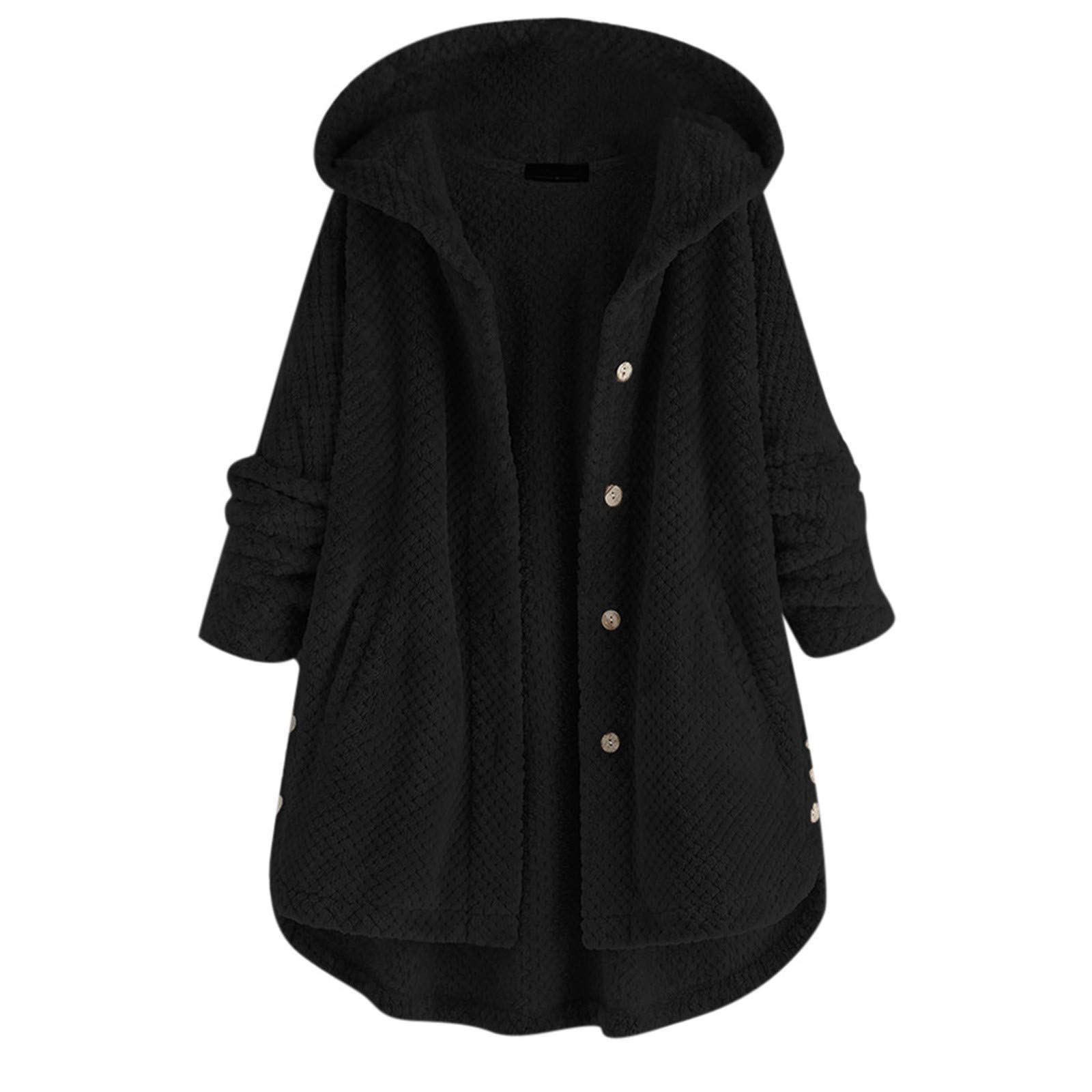 Damen Fleece Mantel mit Lang Plus Größe Unregelmäßige Taschen Knopfverschluss Warme Winterjacke Weicher Übergangsjacke