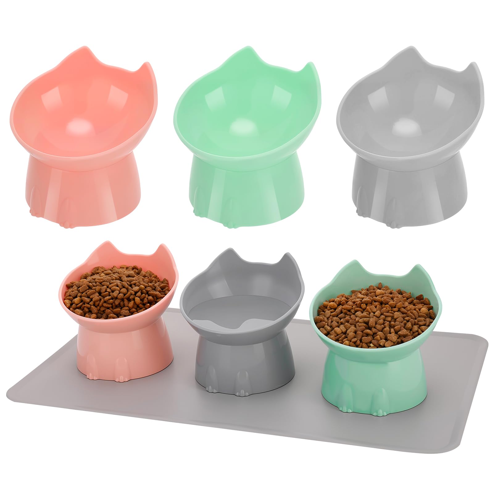 3 Pcs Elevated Cat Bowls 15°Raised Cat Food Bowl with Silicone Mat Whisker Friendly Anti Vomiting Cats Dishes Pet Food and Water Bowls for Indoor Cats Kittens, Pink, Green, Gray