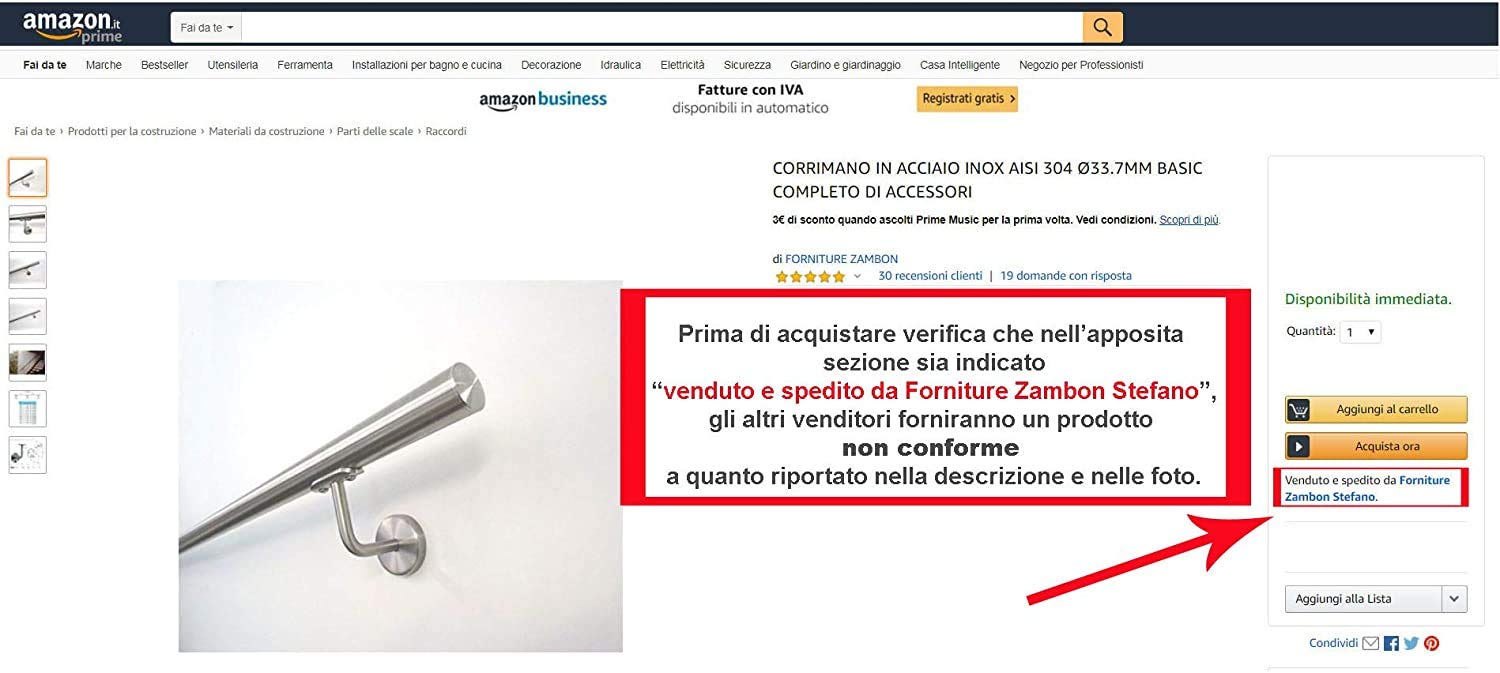 CORRIMANO IN ACCIAIO INOX AISI 304 Ø33.7MM BASIC COMPLETO DI ACCESSORI - 2750 mm.