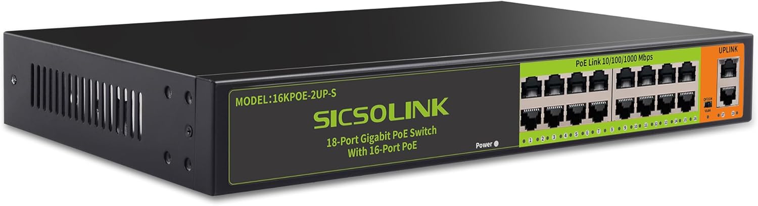 16 Port Ethernet Gigabit PoE Switch (16 Gigabit POE Ports+2 Gigabit Uplink Ports), 1000 Mbps, 250W, 802.3 af/at, Unmanaged, Plug & Play, Fanless, Metal