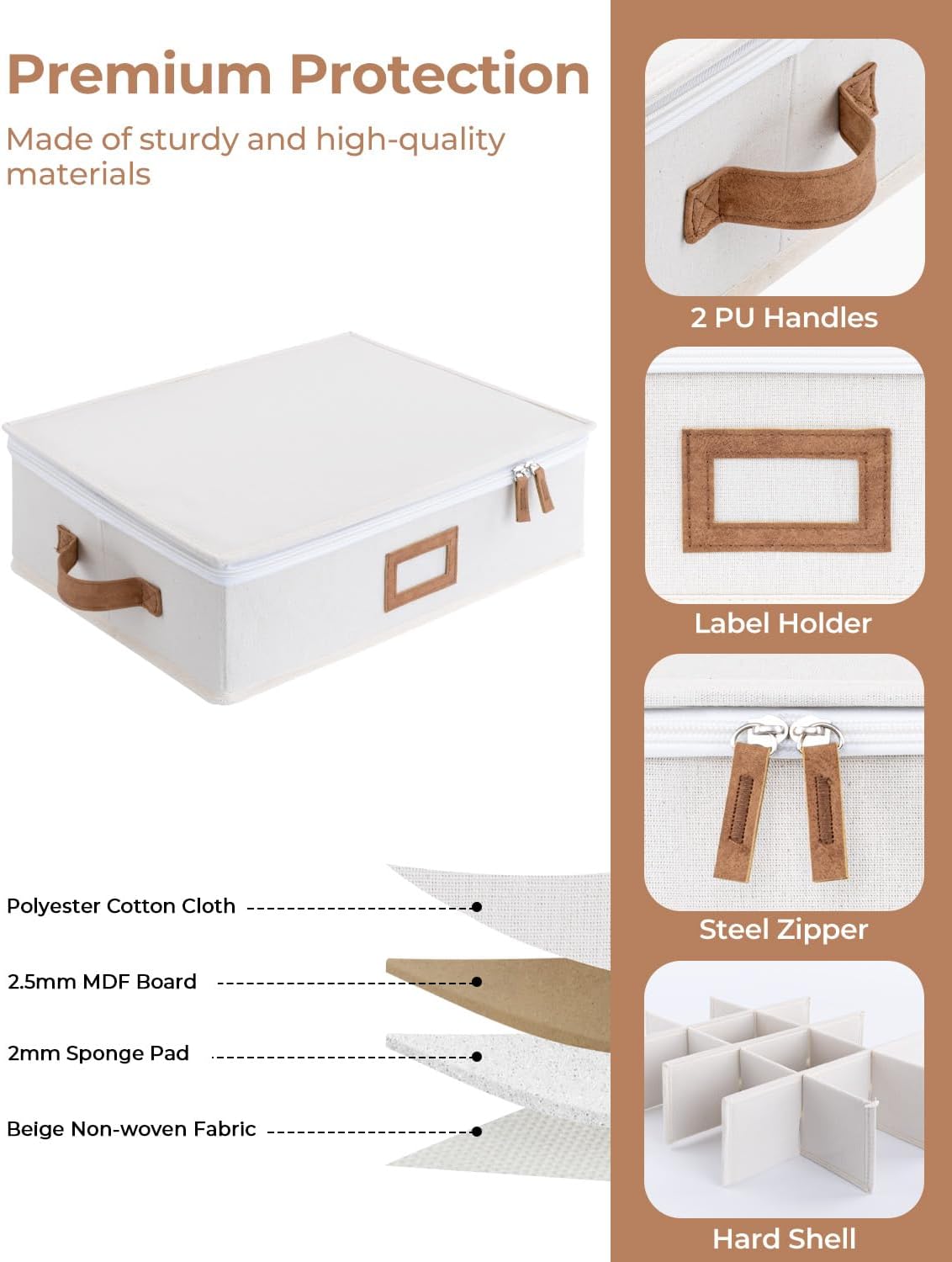 StorageWorks China Storage Container, Stackable Mug Storage Box with Dividers, Stemware Storage Cases, Hard Shell China Cup Organizer, Holds 12 Tea Cups and Coffee Mug, 2 Pack, Beige