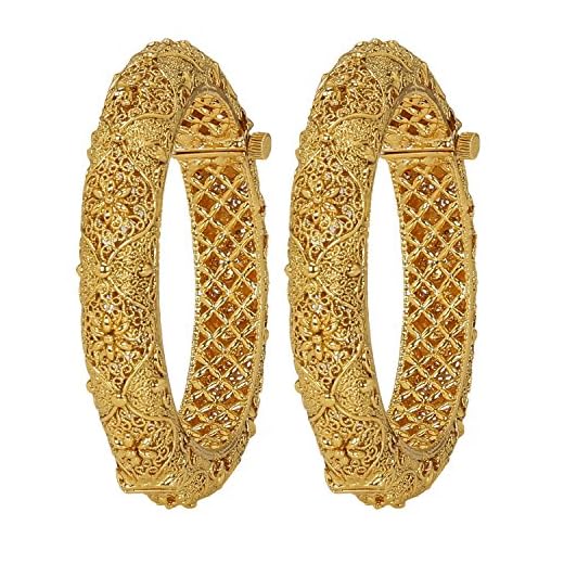 ACCESSHER Set Of 2 Gold Plated Traditional Rajwadi Bridal Jewellery Inspired Ethnic Filigree Style Screw Closure Bangles/Kada/Festive Bangles For Women And Girls|Ideal Gift For Karwachaucth