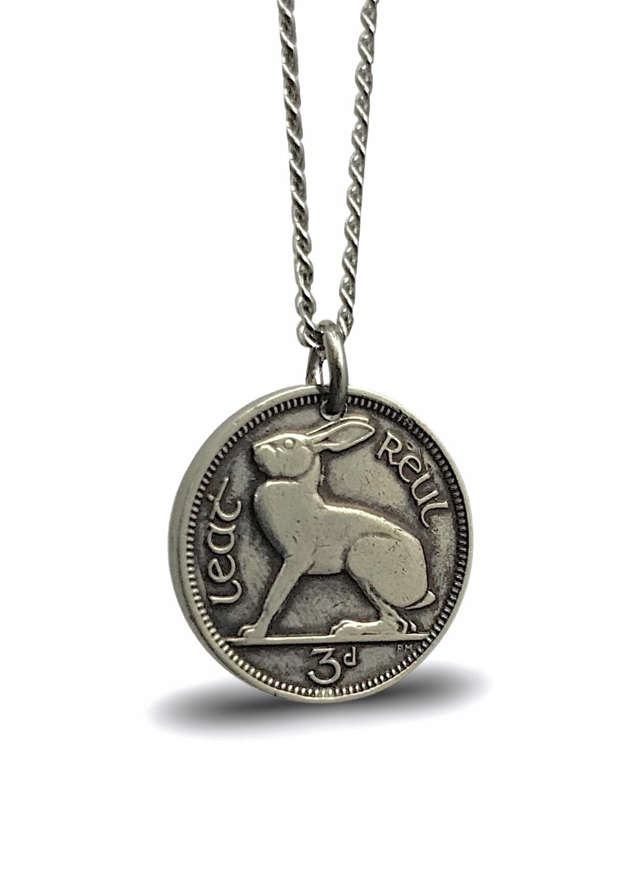 Worn History Men's Authentic Tiny Rabbit Vintage Irish Three Pence Coin Necklace (1928-1968) (24 inches)