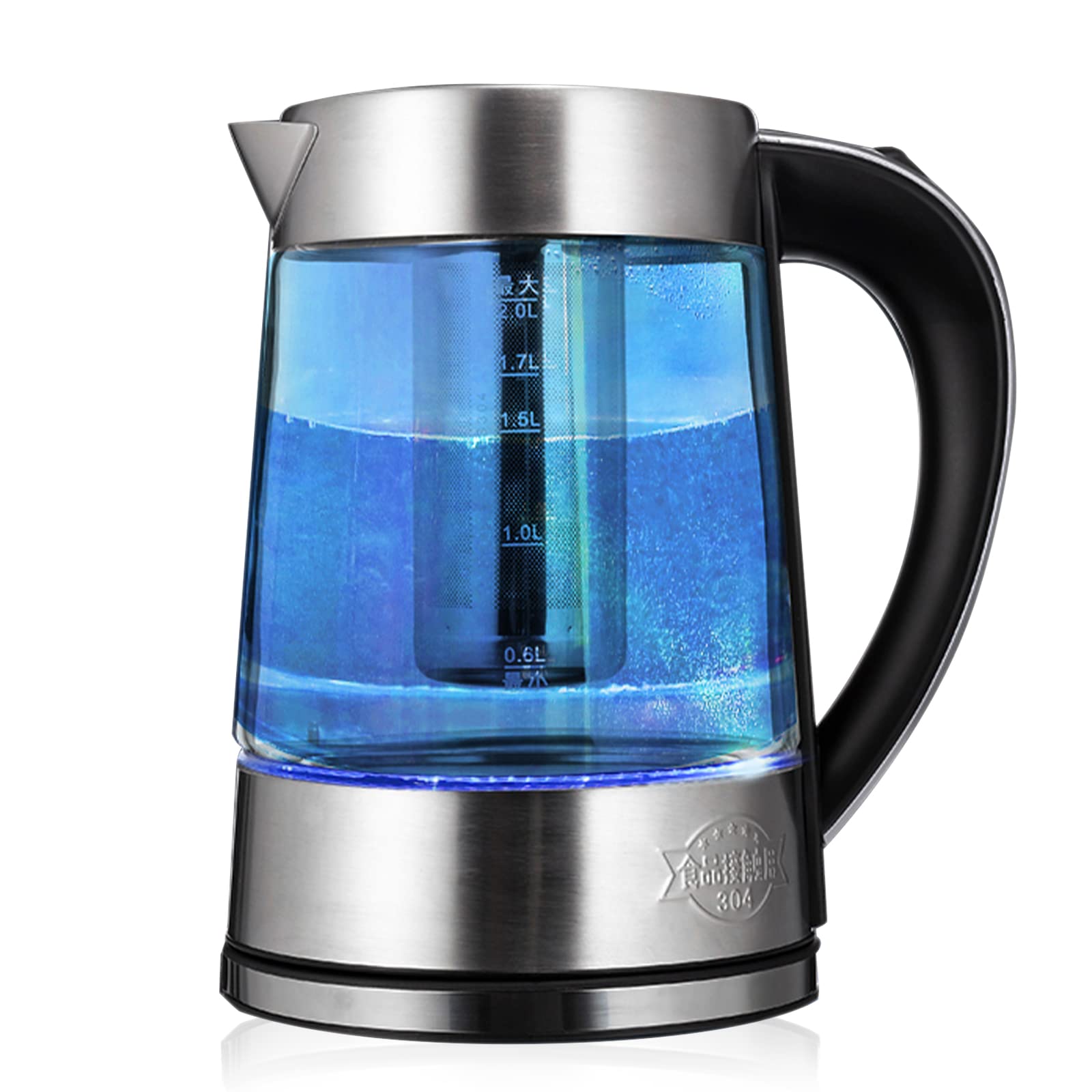 Bollitore Elettrico Bollitore per Acqua in Vetro da 2 Litri con Indicatore Luminoso a Led, Bollitore a Bollitura Rapida da 1500 W, con Filtro in Acciaio Inossidabile, Coperchio Interno e Fon