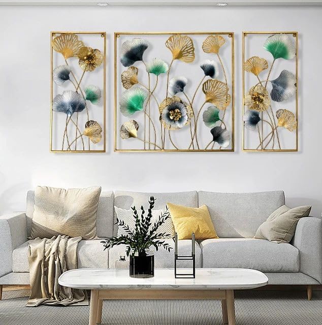 Image of ZOVE Metal Wall Art Set of 3 - Flower & Leaf Design | Home, Hotel, Restaurant, Living Room Decor | Handcrafted Decorative Panels (Size: 60 x 30 Inch, Multicolor)