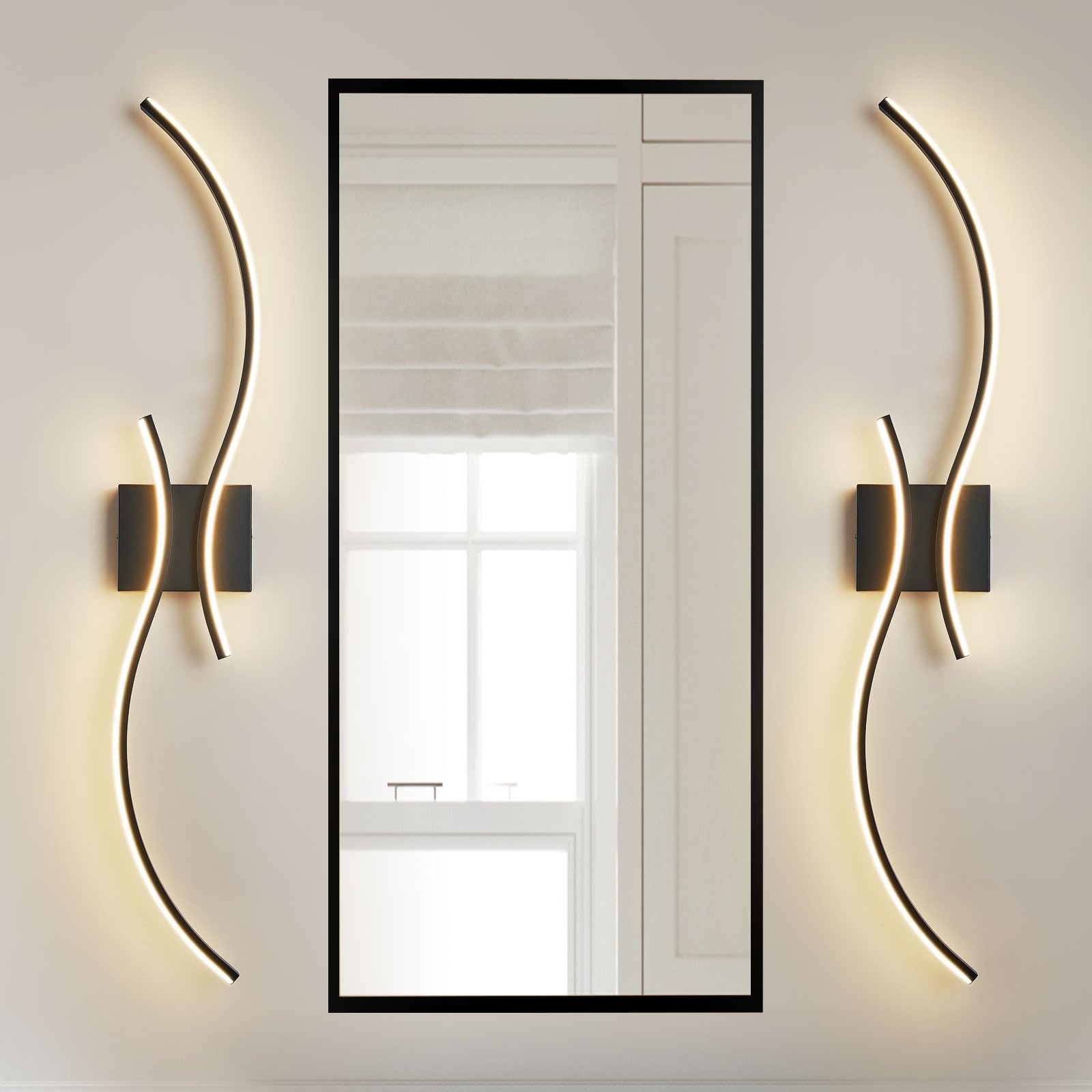 39" Dimmable Black LED Wall Sconce, Set of 2, Hardwired, Remote Control, 3000K to 6500K Adjustable, 2-Light Curve-Shaped Wall Mount Light Fixture for Hallway, Living Room, Bathroom