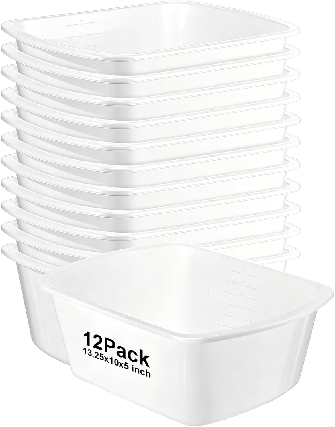 12 Pack Rectangular Plastic Wash Basins (White, 7 Qt), Graduated Hospital Bedside Soaking Tub 12.99" x 10" x 5", Portable Washbasin for Cleaning, Foot Bath, Dishes