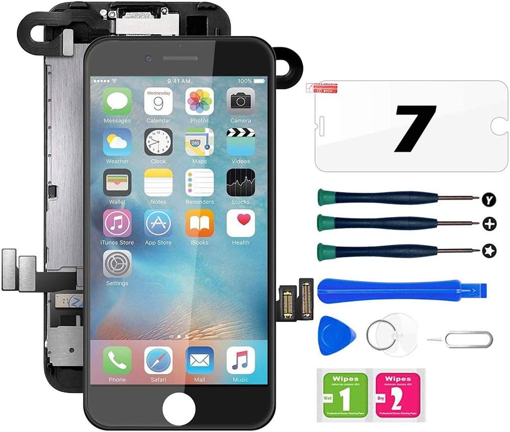 FFtopu iPhone 7 Screen Replacement Black, LCD Touch Display Digitizer Assembly with Front Facing Camera Proximity Sensor+Ear Speaker+Full Repair Tools