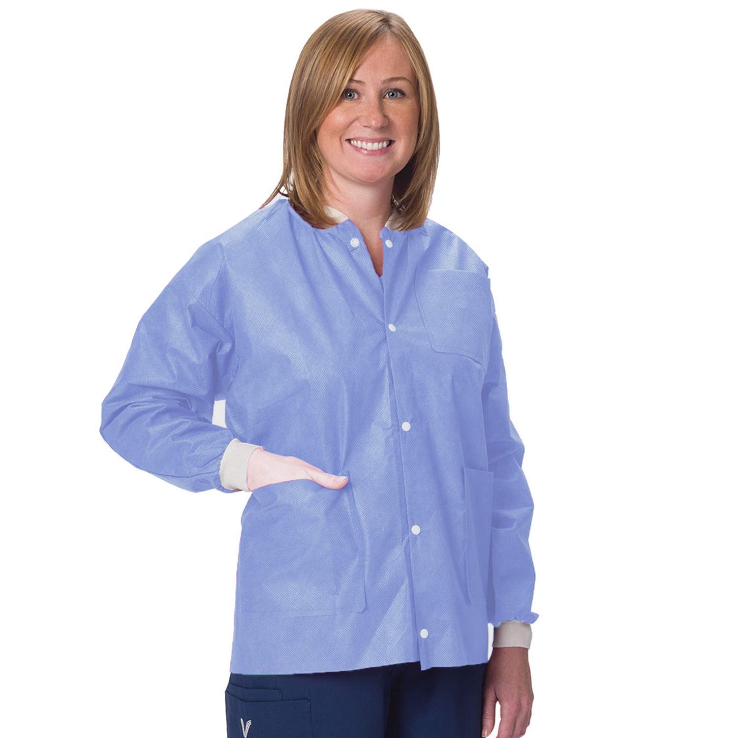 Amazing Supply Disposable Lab Jackets, 30 Long Pack of 10 Blue Hip-Length Work Gowns Medium. SMS 50 gsm Shirts with Snaps Front, Knit Cuffs & Collar, 3 Pockets Unisex PPE Body Protective Short Coats